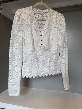 White Lace Button-Front Peplum Blouse